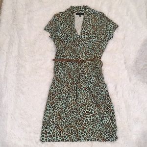 Blue Animal Print Short Sleeve Belted Dress, S